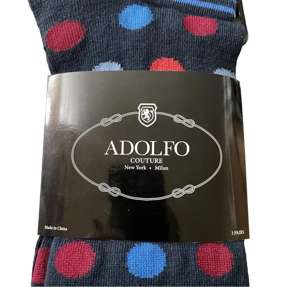 Men's ADOLFO Couture Dress Socks Blue Colorful Dots Stripes 3 Pairs Size 10-13